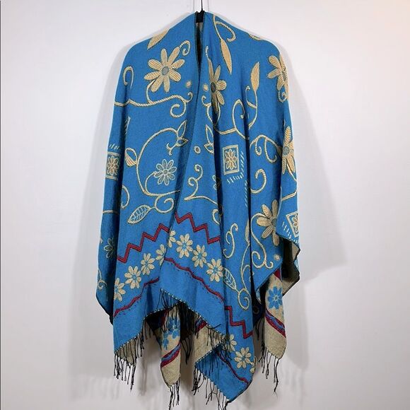 Poncho Shawl Wrap with Fringe Blue Brown Red Autumn Fall Winter Southwestern - Picture 1 of 5